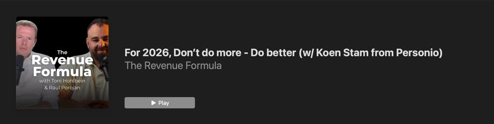 The Revenue Formula podcast cover featuring Koen Stam on 2026 GTM efficiency, RevOps optimization and doing better instead of more
